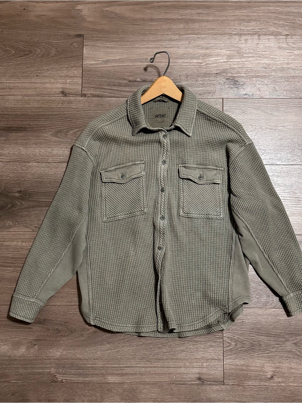 aerie Cotton Blend Top Olive-Green Waffle Knit Shirt Jacket